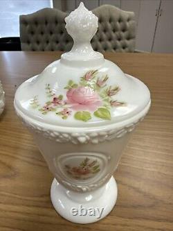 Vintage MCM Fenton Hand Painted Milk Glass Covered Footed Candy Dish Flowersk