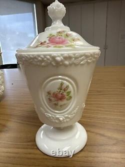 Vintage MCM Fenton Hand Painted Milk Glass Covered Footed Candy Dish Flowersk