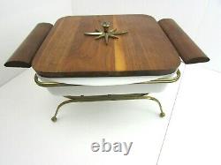 Vintage MCM Glasbake J-247 Chafing Dish With Starburst Wood Handles Lid Wire Rack