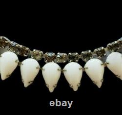 Vintage MCM Milk Glass Rhinestones Choker Necklace 15 Runway Style Mid Century