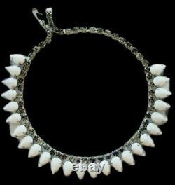 Vintage MCM Milk Glass Rhinestones Choker Necklace 15 Runway Style Mid Century