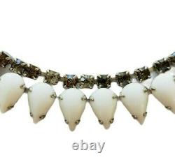 Vintage MCM Milk Glass Rhinestones Choker Necklace 15 Runway Style Mid Century