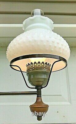 Vintage MCM Tension Pole Hobnail Milkglass Brass Lamp 8' Stained Wood