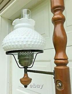 Vintage MCM Tension Pole Hobnail Milkglass Brass Lamp 8' Stained Wood