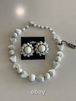 Vintage MIRIAM HASKELL Bobley White Milk Glass Bead Long Necklace &Earring Set