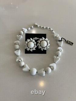 Vintage MIRIAM HASKELL Bobley White Milk Glass Bead Long Necklace &Earring Set