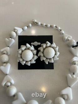 Vintage MIRIAM HASKELL Bobley White Milk Glass Bead Long Necklace &Earring Set