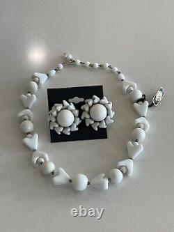 Vintage MIRIAM HASKELL Bobley White Milk Glass Bead Long Necklace &Earring Set