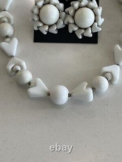 Vintage MIRIAM HASKELL Bobley White Milk Glass Bead Long Necklace &Earring Set