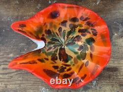 Vintage MURANO ART GLASS Ruffled Bowl ORANGE Encased Milk White Gold Flecks MCM