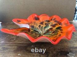 Vintage MURANO ART GLASS Ruffled Bowl ORANGE Encased Milk White Gold Flecks MCM