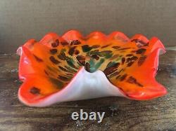 Vintage MURANO ART GLASS Ruffled Bowl ORANGE Encased Milk White Gold Flecks MCM