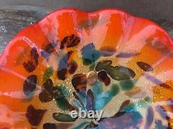 Vintage MURANO ART GLASS Ruffled Bowl ORANGE Encased Milk White Gold Flecks MCM