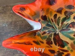 Vintage MURANO ART GLASS Ruffled Bowl ORANGE Encased Milk White Gold Flecks MCM