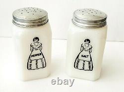 Vintage McKee APRON LADY SALT PEPPER Shakers White Milk Glass