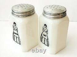 Vintage McKee APRON LADY SALT PEPPER Shakers White Milk Glass
