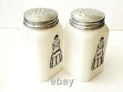 Vintage McKee APRON LADY SALT PEPPER Shakers White Milk Glass