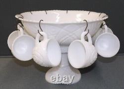 Vintage McKee Concord Milk Glass Pedestal Punch Bowl Set with 10 Cups