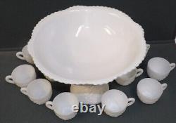 Vintage McKee Concord Milk Glass Pedestal Punch Bowl Set with 10 Cups