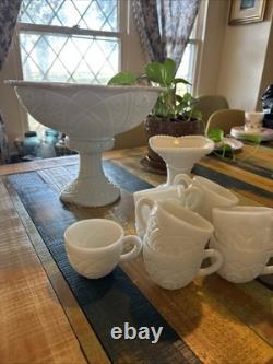 Vintage McKee Concord Milk Glass Pedestal Punch Bowl Set with Cups & 2 Stands