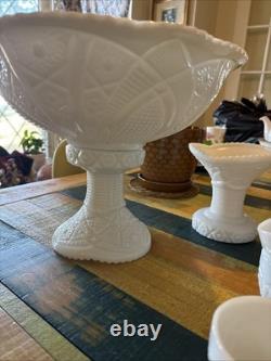 Vintage McKee Concord Milk Glass Pedestal Punch Bowl Set with Cups & 2 Stands