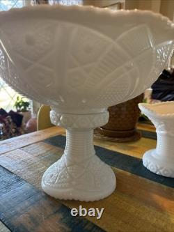 Vintage McKee Concord Milk Glass Pedestal Punch Bowl Set with Cups & 2 Stands