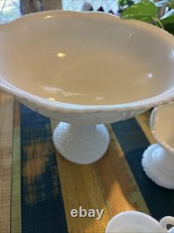 Vintage McKee Concord Milk Glass Pedestal Punch Bowl Set with Cups & 2 Stands