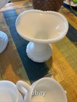 Vintage McKee Concord Milk Glass Pedestal Punch Bowl Set with Cups & 2 Stands