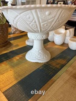 Vintage McKee Concord Milk Glass Pedestal Punch Bowl Set with Cups & 2 Stands