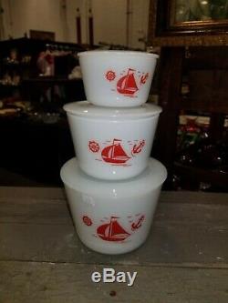 Vintage McKee Lidded Refrigerator Dish Bowl Milk Glass with Red Sailboat