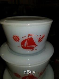 Vintage McKee Lidded Refrigerator Dish Bowl Milk Glass with Red Sailboat