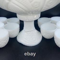Vintage McKee Milk Glass Pedestal Punch Bowl Set with 10 Cups Concord