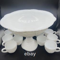 Vintage McKee Milk Glass Pedestal Punch Bowl Set with 10 Cups Concord