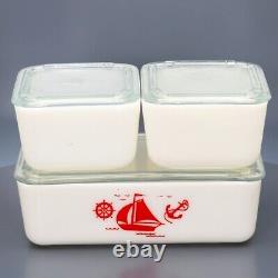 Vintage McKee Milk Glass Red Sailboat Stacking Refrigerator Dish Set #329