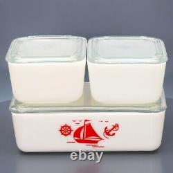 Vintage McKee Milk Glass Red Sailboat Stacking Refrigerator Dish Set #329