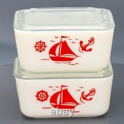 Vintage McKee Milk Glass Red Sailboat Stacking Refrigerator Dish Set #329