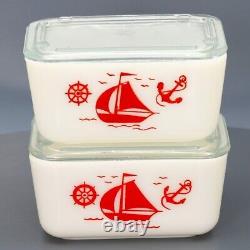 Vintage McKee Milk Glass Red Sailboat Stacking Refrigerator Dish Set #329