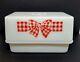 Vintage Mckee Red Gingham Bow White Milk Glass Butter Dish With Lid Cover 1930's
