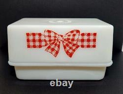 Vintage McKee Red Gingham Bow White Milk Glass Butter Dish with Lid Cover 1930's