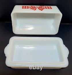 Vintage McKee Red Gingham Bow White Milk Glass Butter Dish with Lid Cover 1930's