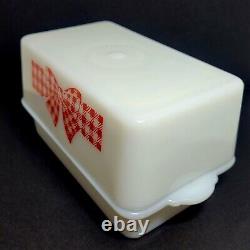 Vintage McKee Red Gingham Bow White Milk Glass Butter Dish with Lid Cover 1930's