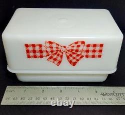 Vintage McKee Red Gingham Bow White Milk Glass Butter Dish with Lid Cover 1930's