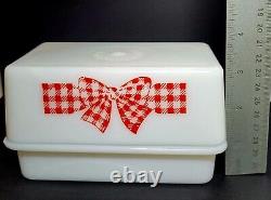 Vintage McKee Red Gingham Bow White Milk Glass Butter Dish with Lid Cover 1930's