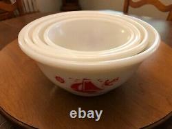Vintage McKee Red Sail Boats Ships Bell Shaped Milk Glass Mixing Bowls Set of 4