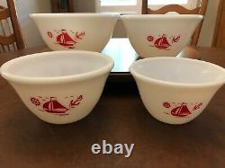 Vintage McKee Red Sail Boats Ships Bell Shaped Milk Glass Mixing Bowls Set of 4