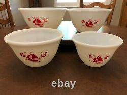 Vintage McKee Red Sail Boats Ships Bell Shaped Milk Glass Mixing Bowls Set of 4