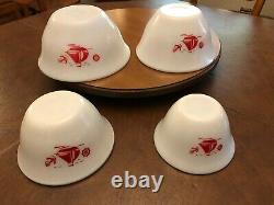 Vintage McKee Red Sail Boats Ships Bell Shaped Milk Glass Mixing Bowls Set of 4