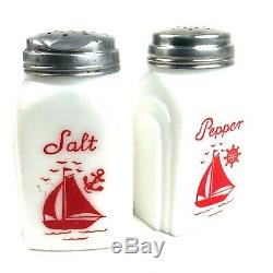Vintage McKee Sailboat Salt & Pepper Shakers Jadite White Tipp City Roman Arch