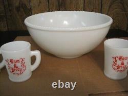 Vintage Mckee Hazel Atlas Tom & Jerry Milk Glass Punch Bowl & 10 Mugs/cups