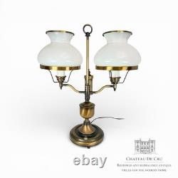 Vintage Mid Century DOUBLE ARM STUDENT Table Lamp with White Milk Glass Shades